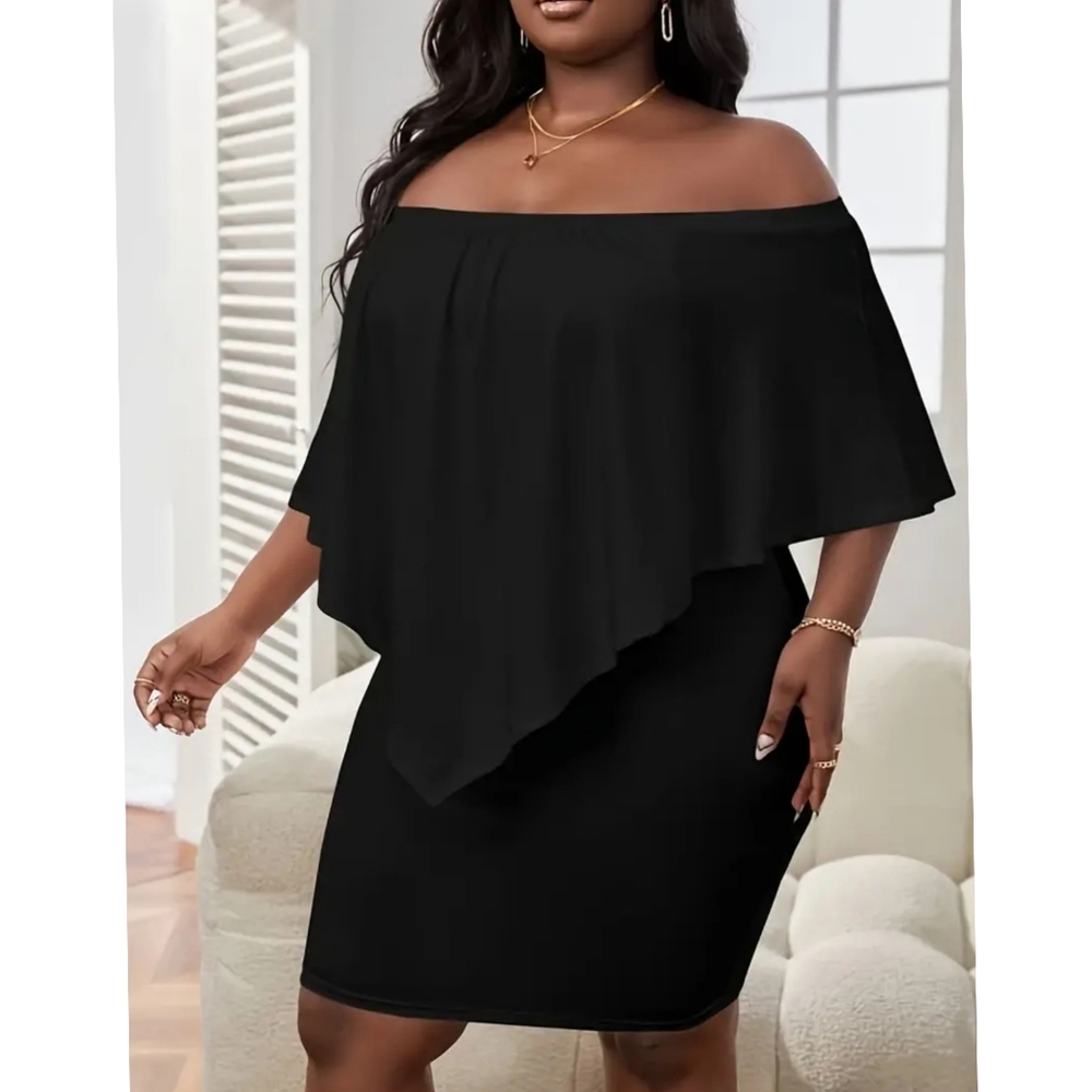 Black Off or On Shoulder Mini Dress | Layered Flowy Overlay Chic Date Night 2X